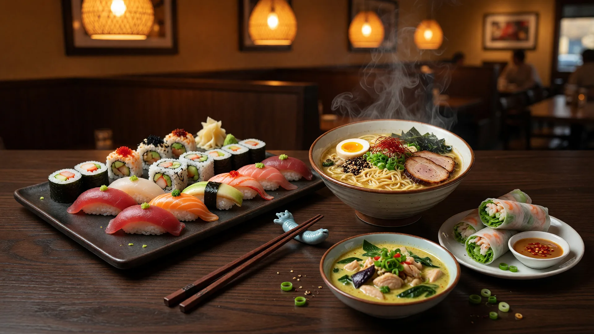A spread of sushi rolls and nigiri on a dark ceramic board beside a steaming bowl of tonkotsu ramen, Thai curry, and spring rolls on a dark wood table in a warm Tulsa restaurant