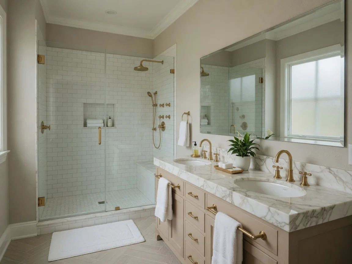 Luxurious en-suite bathroom with walk-in shower, double vanity, marble countertops, and warm natural light