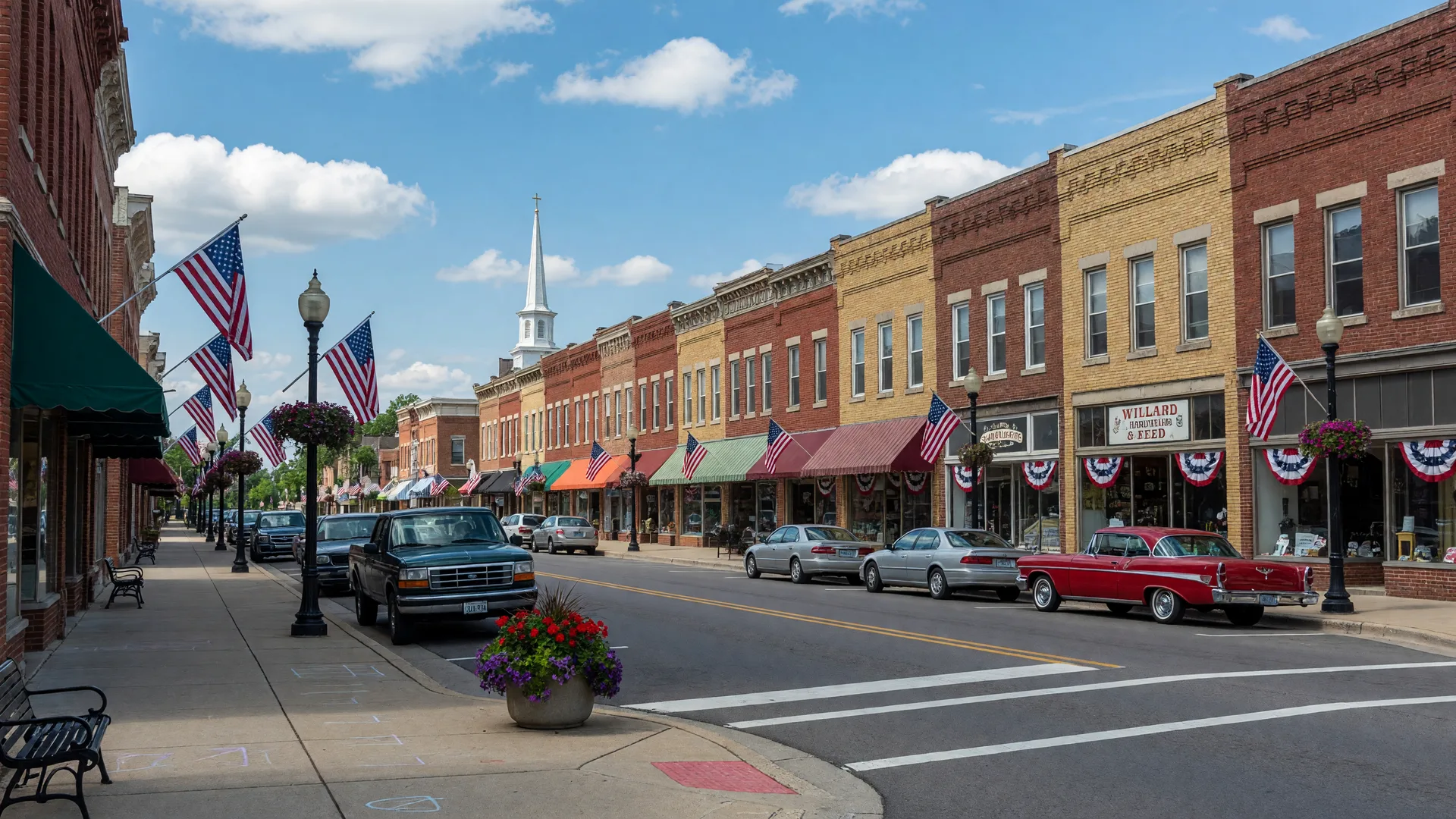 Historic downtown Willard, Ohio with storefronts and American flags along Main Street on a sunny day