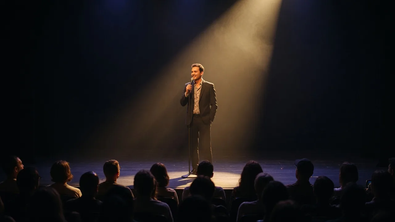 A lone comedian on a dark theater stage under a single warm spotlight with audience silhouettes in the foreground