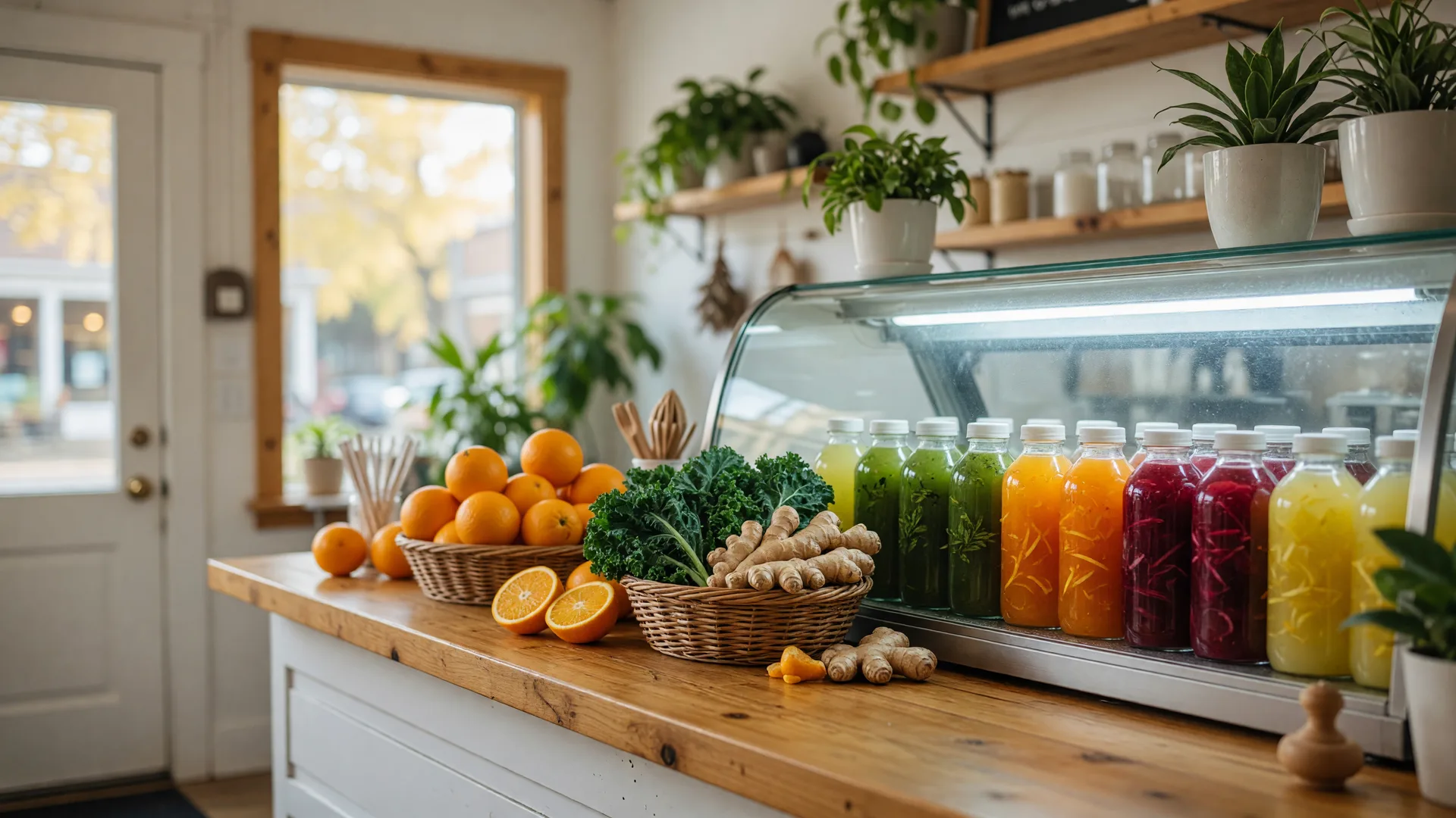 Bright juice bar counter with bottles of cold-pressed juice, fresh produce, and green plants in a small-town shop
