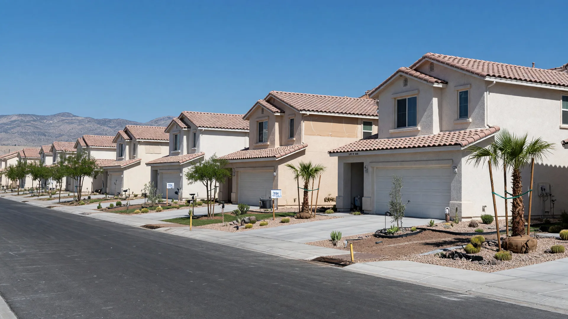 Freshly built two-story stucco homes with desert landscaping in a new-construction phase of a Las Vegas master-planned community