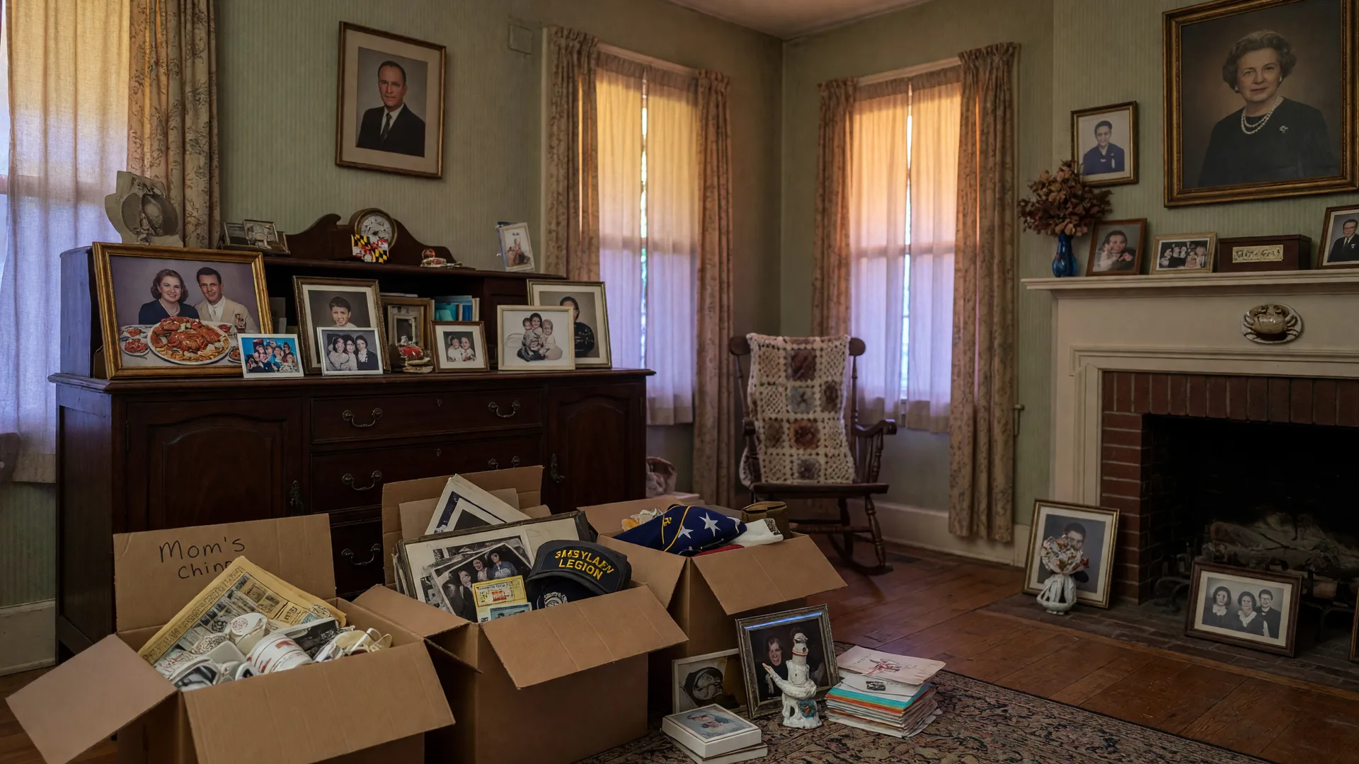Living room of an inherited Maryland home with family photographs, furniture, and boxes being sorted in soft afternoon light