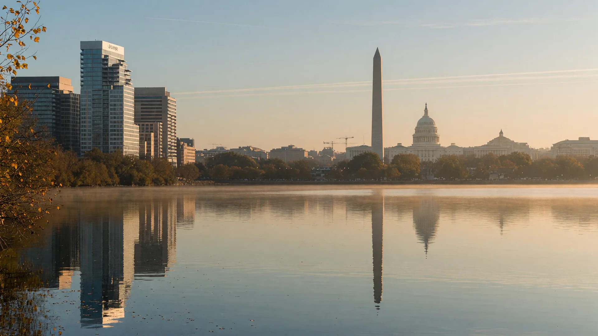 Washington DC skyline on a clear early-autumn morning viewed from the Potomac River, with the Washington Monument and US Capitol dome on the horizon, representing the DC Metro real estate market in September 2026