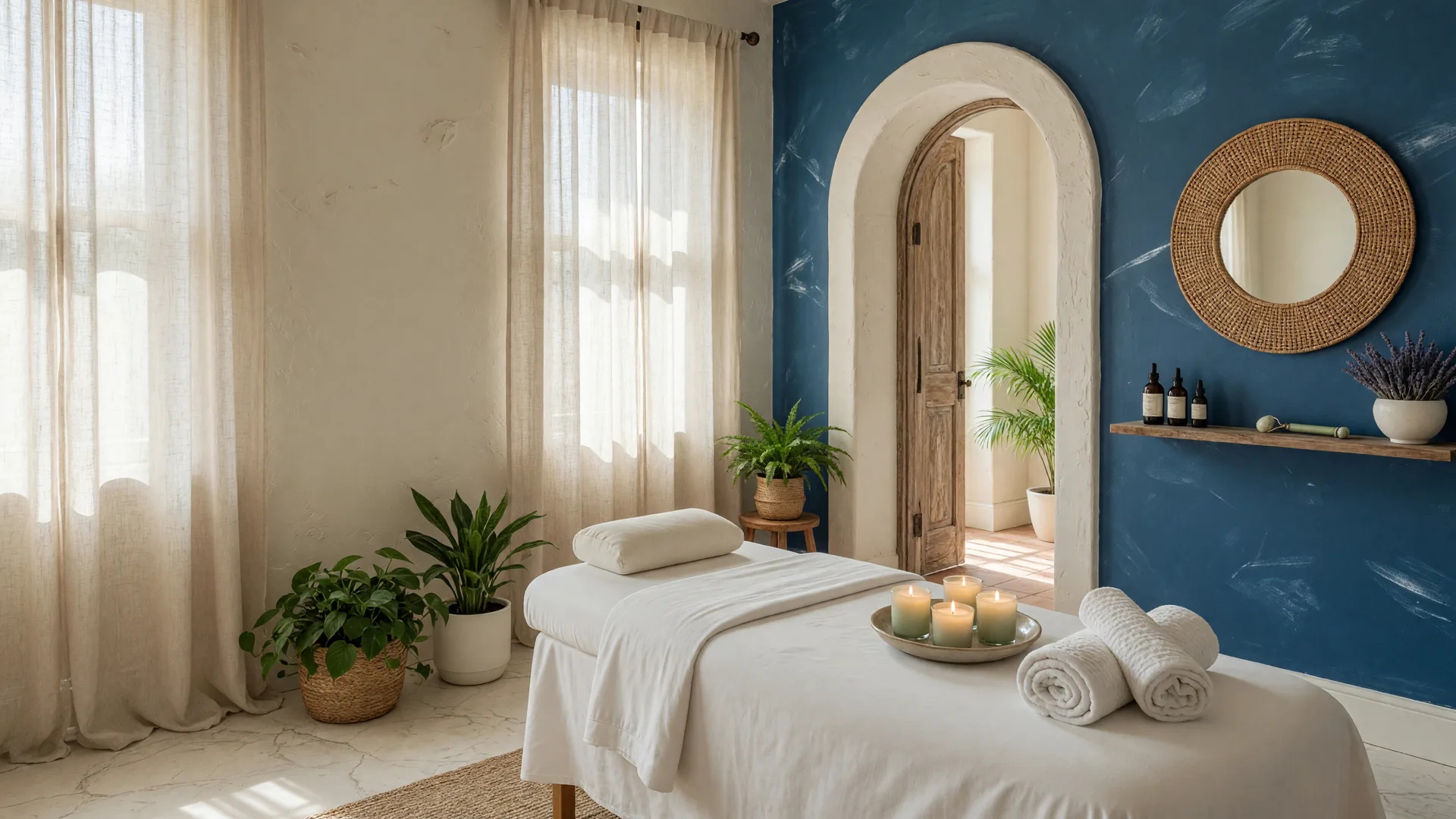 Serene holistic skincare spa interior at the Olde Naples Hotel with cream and white walls, a deep ocean blue accent wall, a white-linen treatment table, candles, and soft natural light