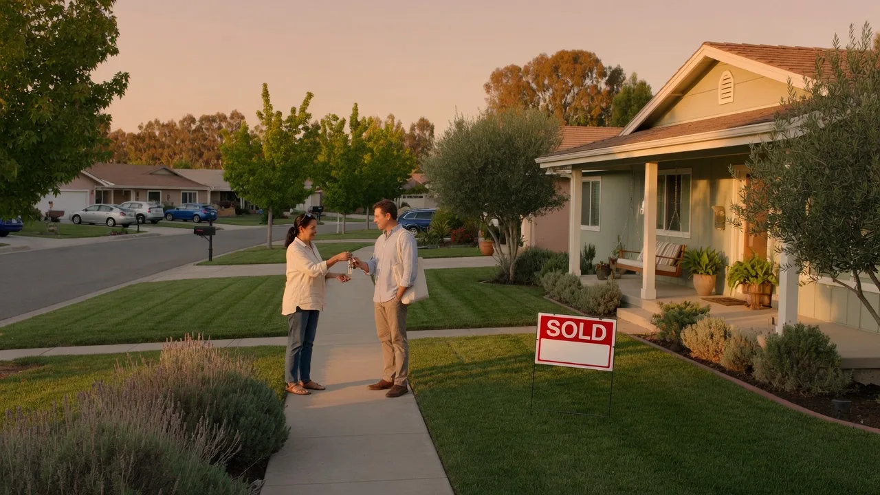 A homeowner and buyer with a SOLD sign in the front yard of a single-story Northern California home at golden hour