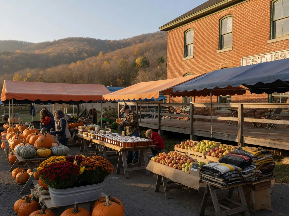 A small-town Ontario farmers market on a crisp Sunday autumn morning with stalls of pumpkins, mums, honey, apples and wool blankets beside a heritage brick brewery building with a patio, and golden autumn light