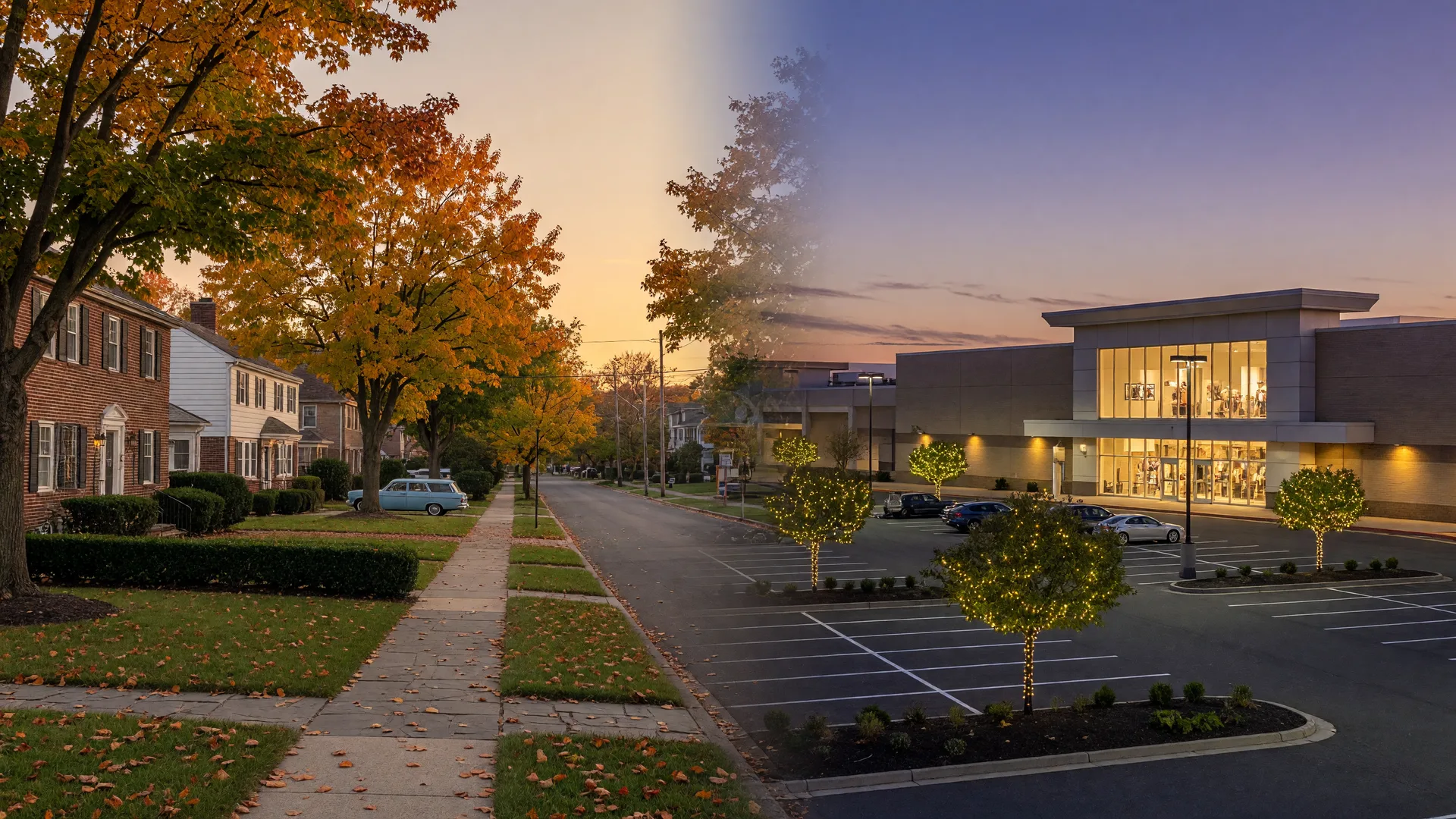 Split scene comparing a tree-lined Cinnaminson residential street in autumn light and a Cherry Hill shopping district at dusk
