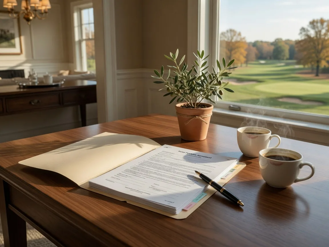 Elegant mortgage closing scene with a purchase agreement, pen, and coffee on a walnut desk in warm autumn light