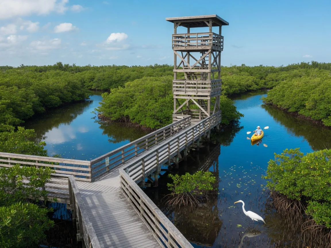 A boardwalk and observation tower above green mangroves with winding kayak channels and a wading heron