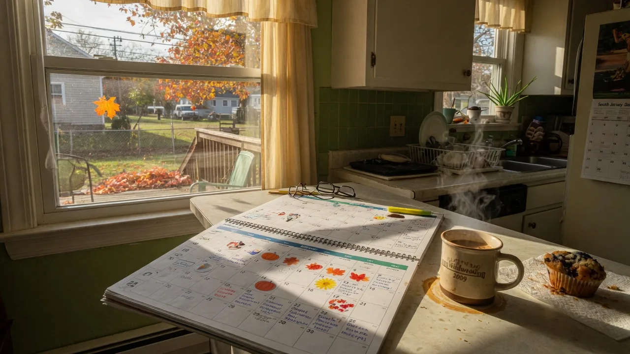 A colorful year-round home maintenance calendar spread open on a kitchen counter with a steaming coffee mug and fall foliage visible through the window