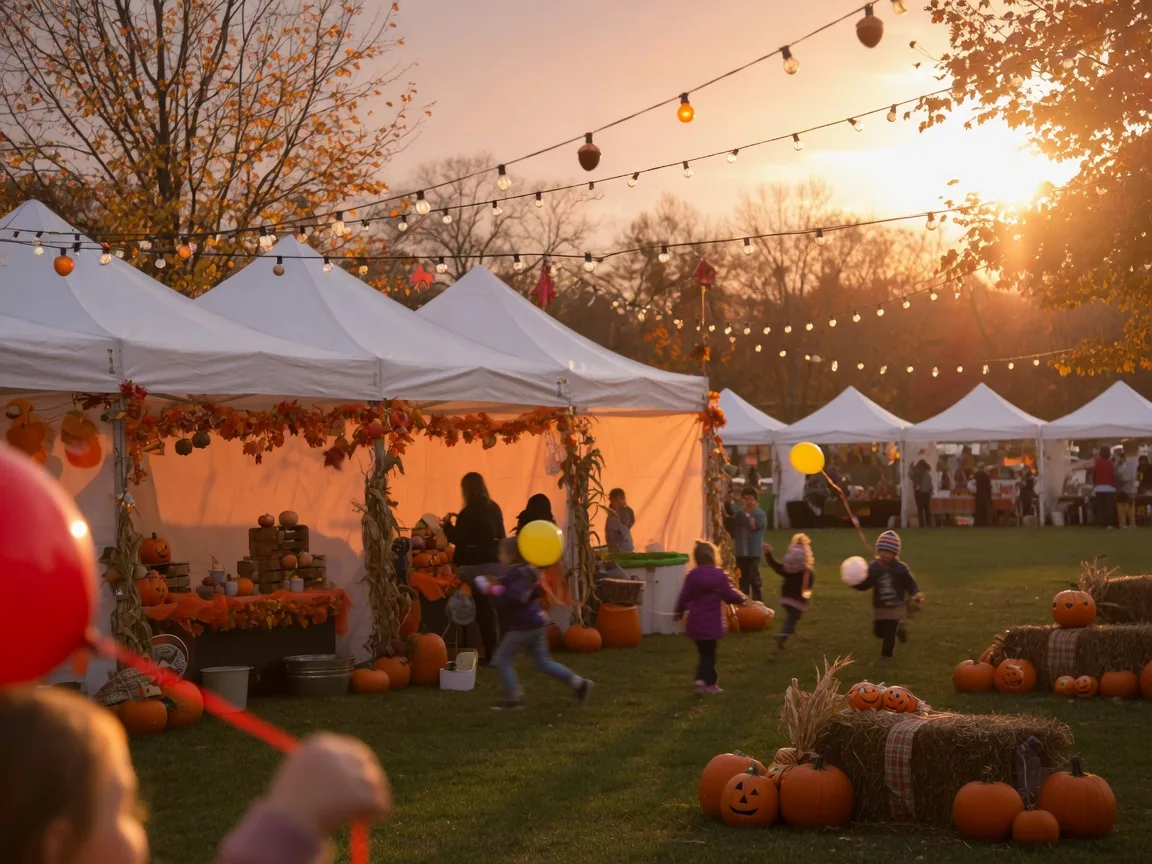 A family-friendly autumn fall festival in a suburban park with white vendor tents, strings of lights, pumpkins and hay bales, and kids with balloons silhouetted in warm golden-hour light