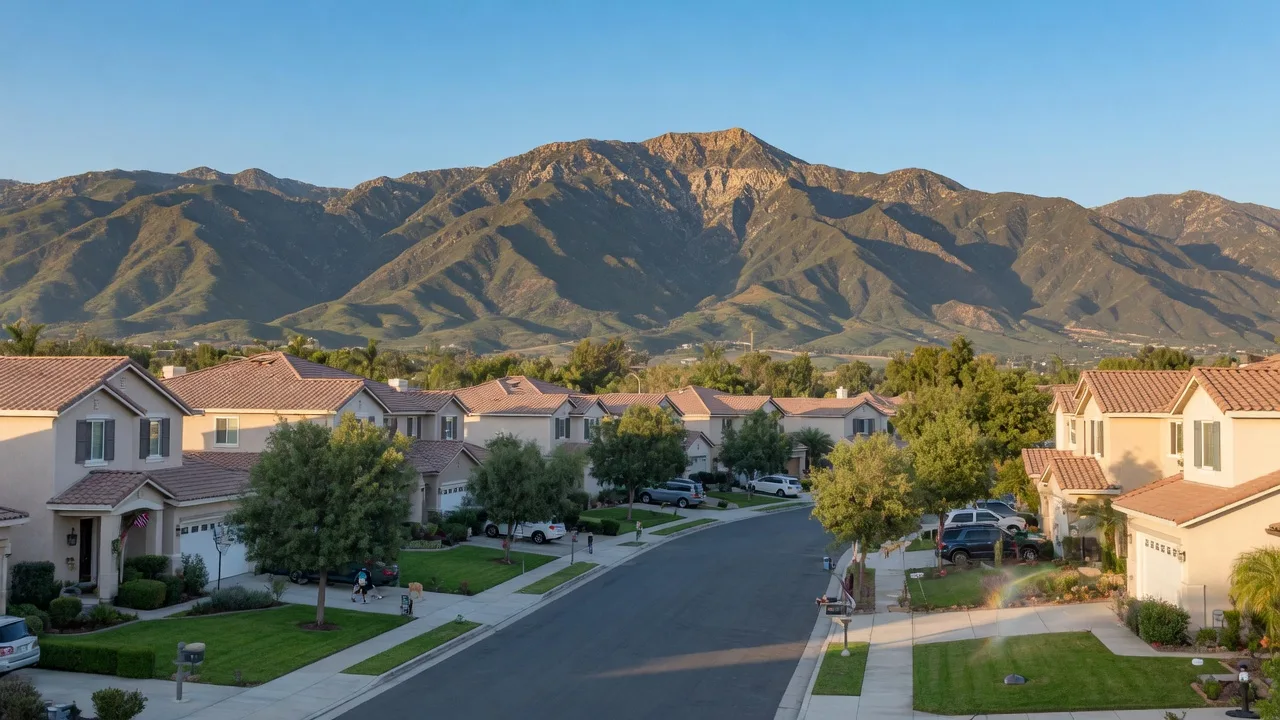 Well-kept planned neighborhood in Rancho Cucamonga with modern homes and landscaped streets, the San Gabriel Mountains rising behind