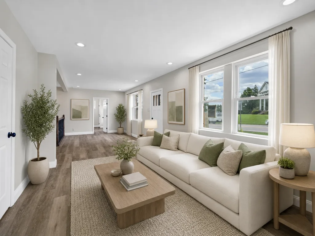 Open living room virtually staged with contemporary furnishings