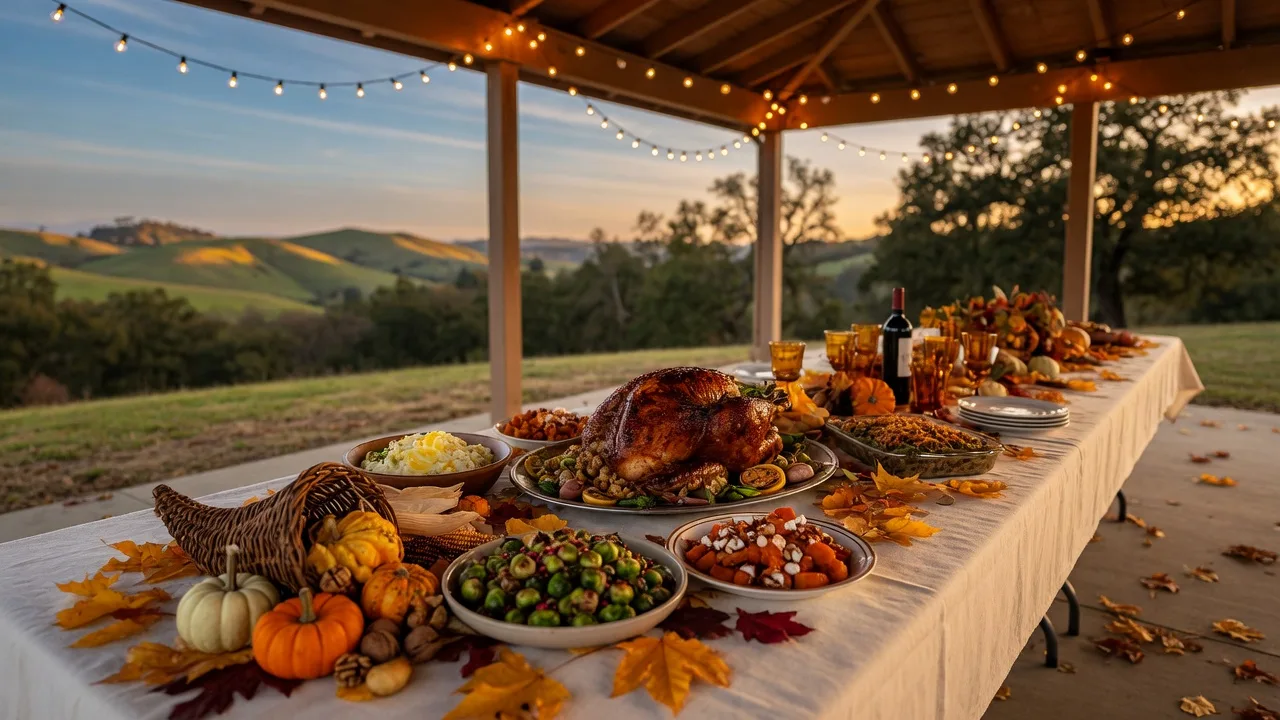 A festive Thanksgiving harvest table in an outdoor park pavilion with a roasted dinner, pumpkins, and autumn leaves