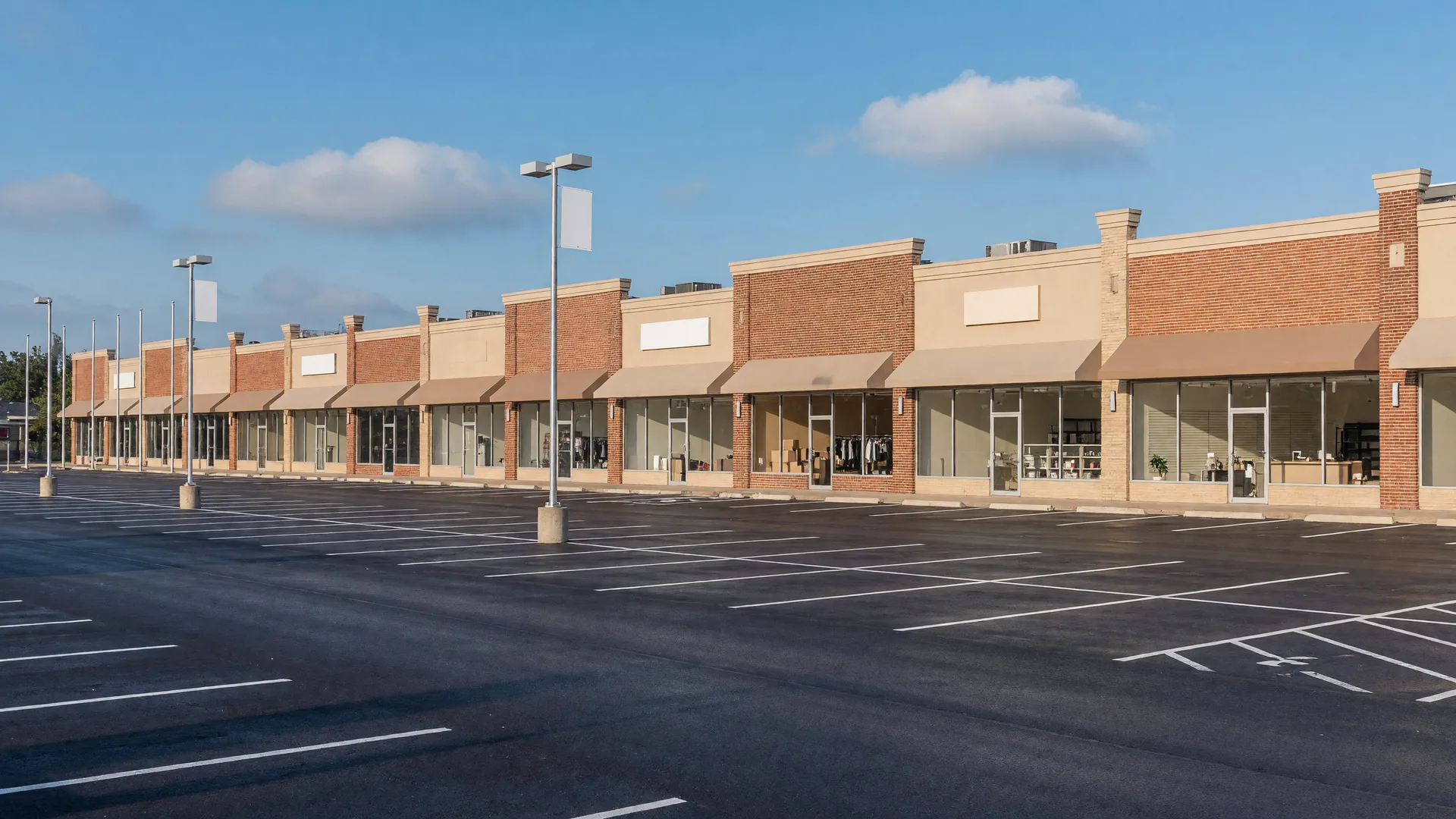 A retail strip shopping center in a small Texas town with a long row of storefronts, some active and some vacant, on a wide sealed parking lot