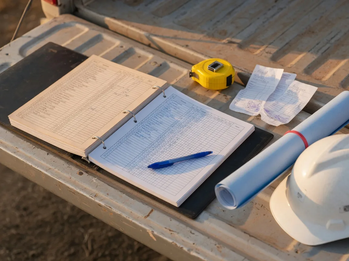 Open project control-center binder with checklist and table pages beside a hard hat and blueprint