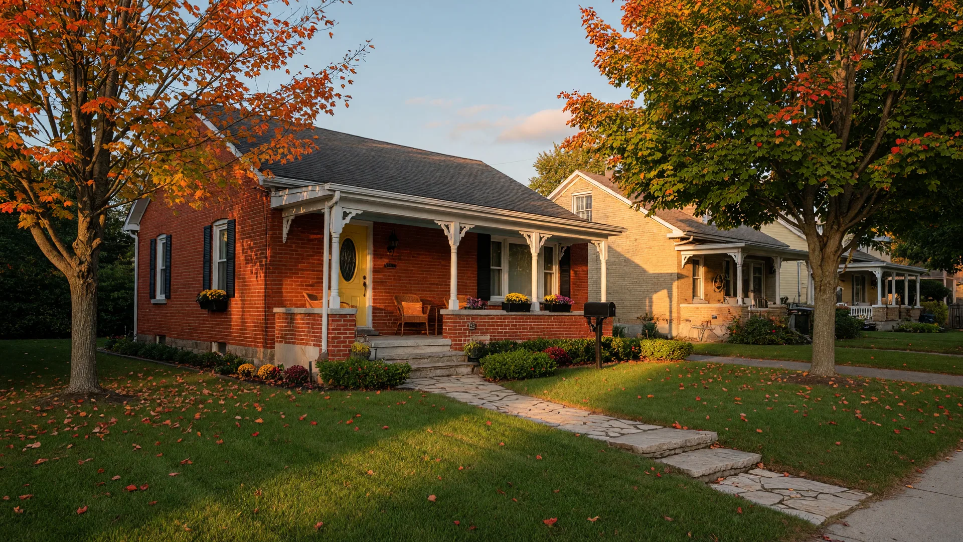 A welcoming single-storey brick bungalow with a covered front porch on a quiet tree-lined street in Port Perry in early autumn