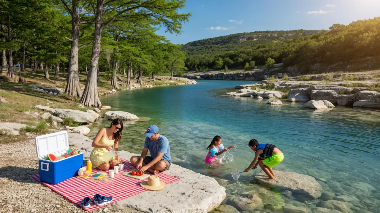 Family enjoying a picnic by the Guadalupe River near Canyon Lake — clear blue water, limestone rocks, cypress trees, and green hills under a brilliant summer sky