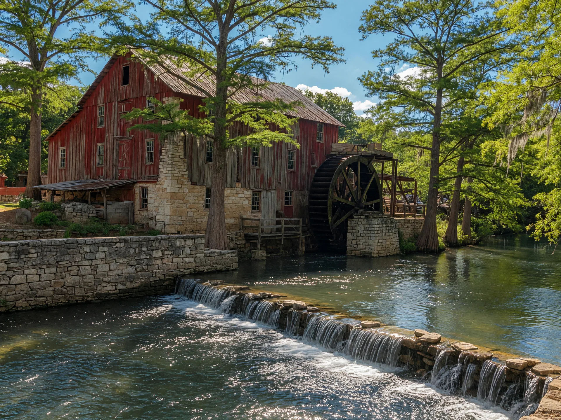 Historic red and gray Zedler Mill complex on the San Marcos River in Luling, Texas with a wooden water wheel and low stone dam framed by cypress trees