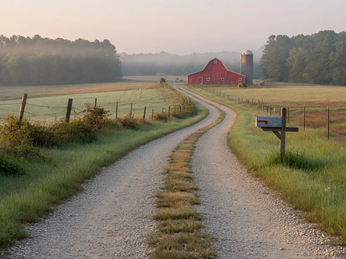 Quiet gravel county road winding toward a distant red barn in morning haze