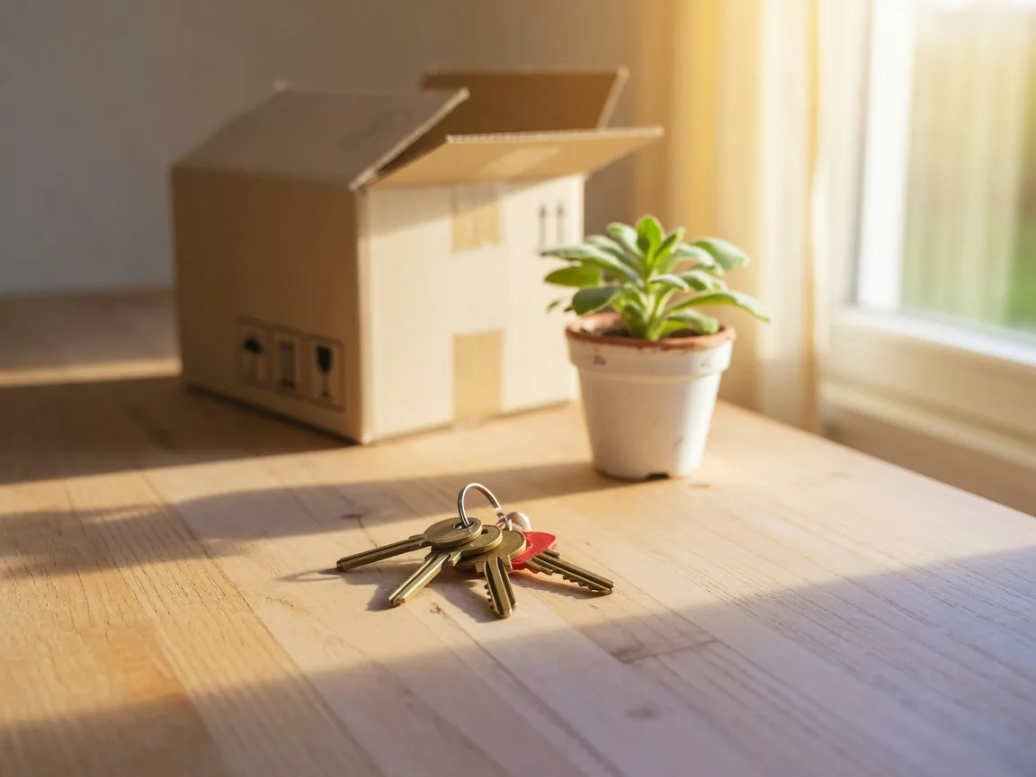 Brass house keys resting on a wooden table beside a bright window