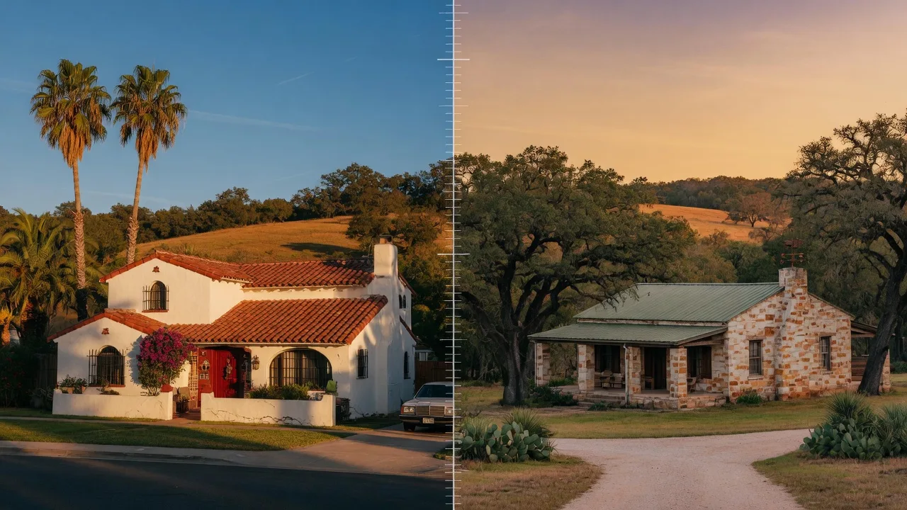 Split-screen editorial photograph comparing a California Spanish-style home with palm trees on the left against a Texas Hill Country limestone home with live oaks on the right, bathed in warm golden hour light