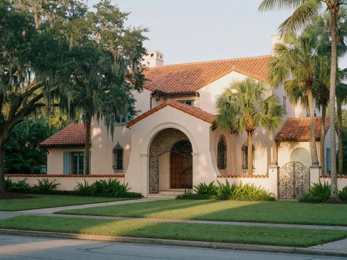A grand Spanish colonial revival home in Winter Park style in early morning light