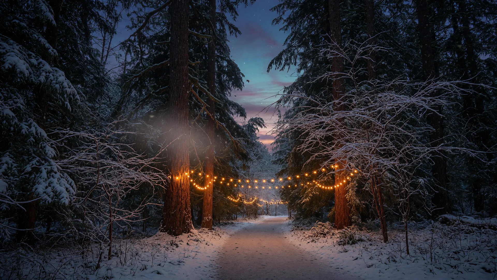 Snow-dusted forest path near SW Portland strung with warm holiday lights beneath towering Douglas firs