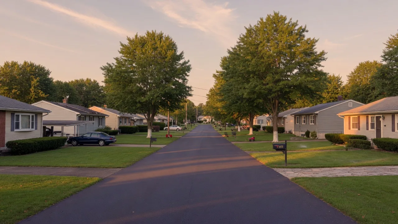 Quiet tree-lined street in Willingboro with mid-century ranch homes at golden hour