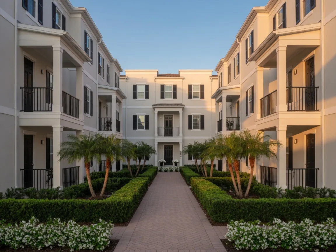 Elegant townhomes in Baldwin Park with stacked porches and brick walks at golden hour