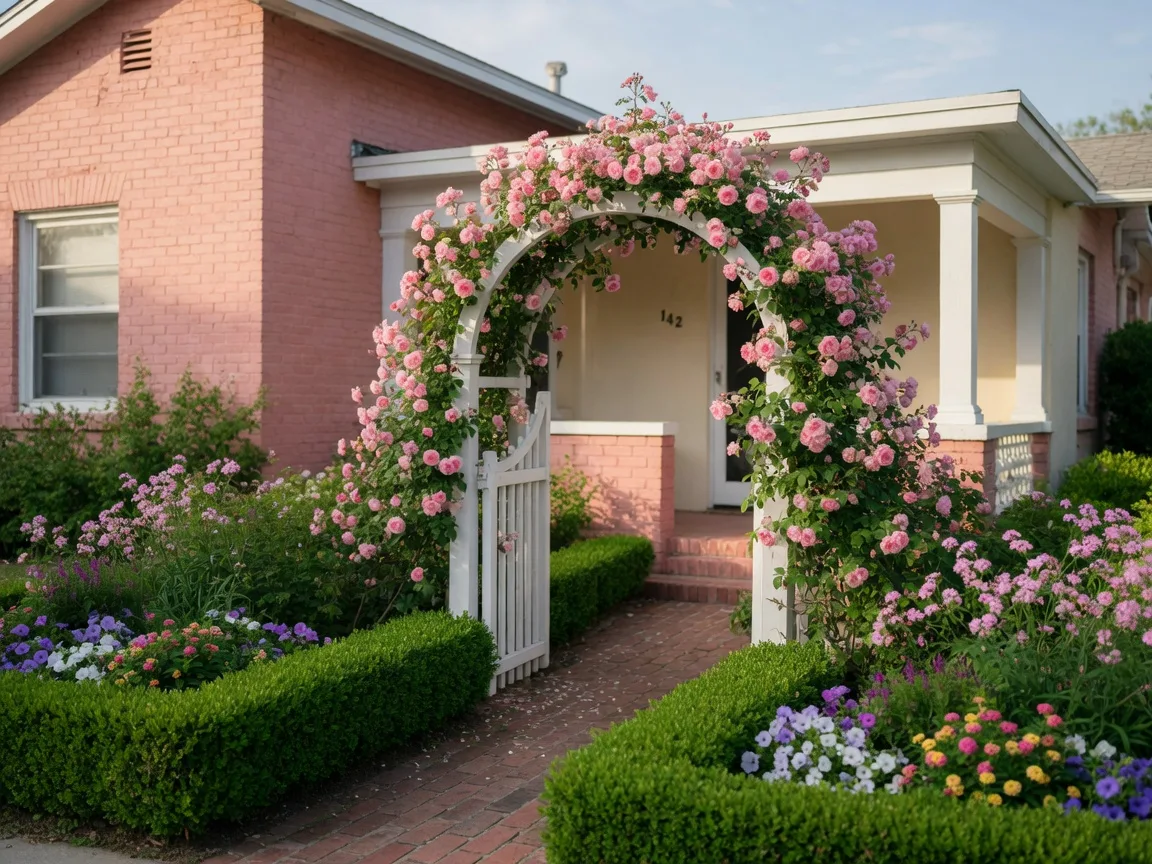 A heritage brick and stucco Florida home with climbing roses over an arched garden gate