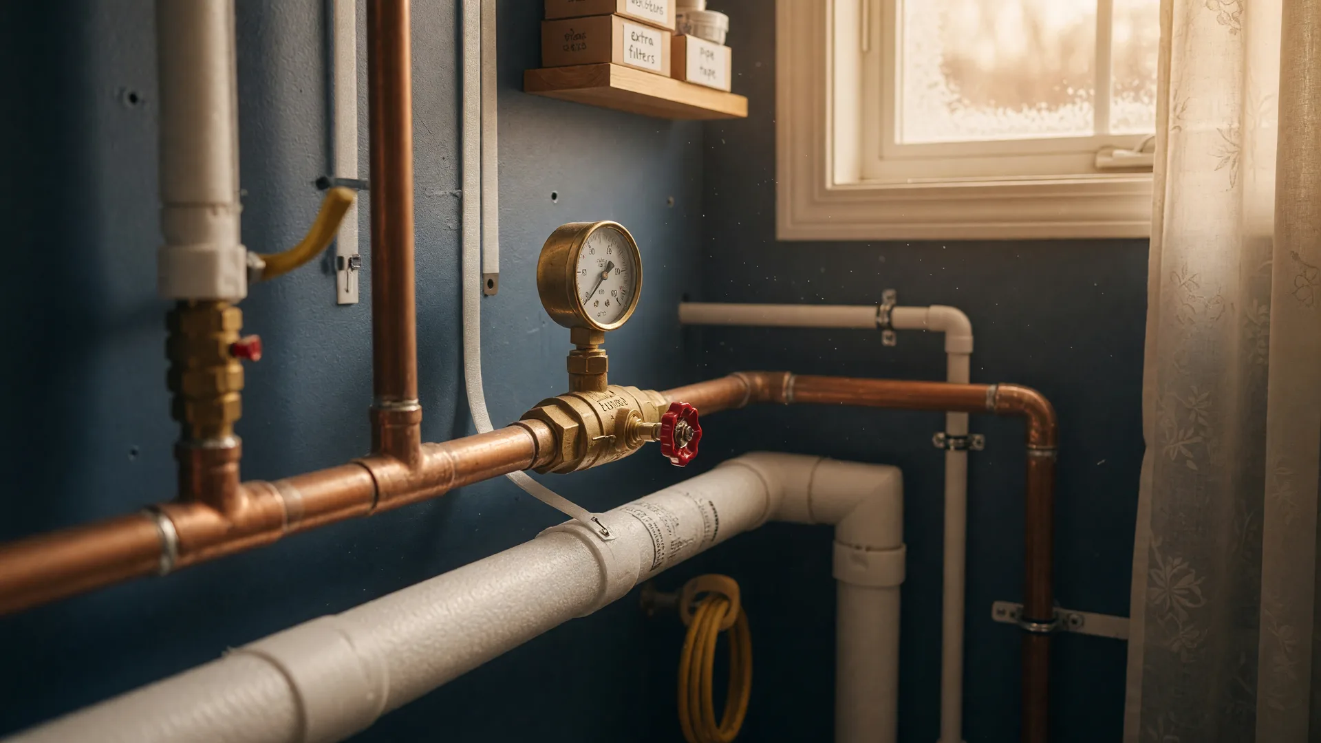 Insulated copper water pipes with a shut-off valve in a well-maintained home utility area