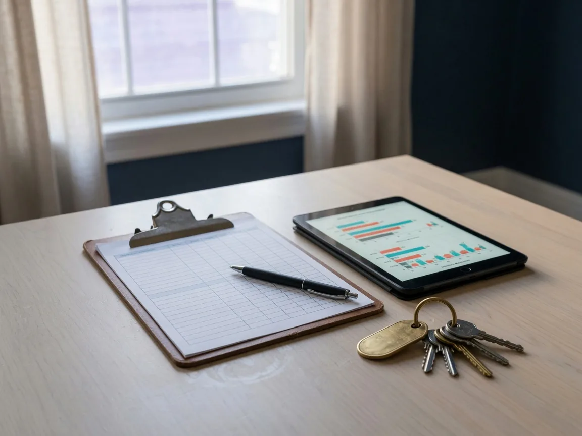 A property valuation in progress with an appraiser's clipboard, a comparison chart on a tablet, and house keys.