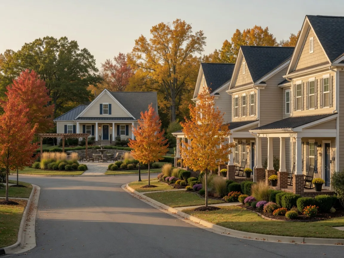 Villa-style single-level homes with covered porches in a low-maintenance active adult community in autumn light
