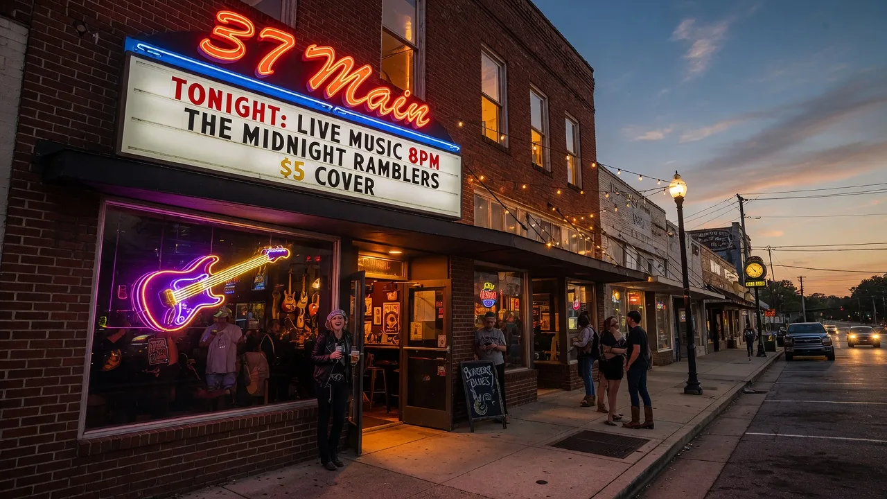 Historic downtown Buford building housing 37 Main Restaurant and Bar with glowing neon signage warm string lights and rock and roll atmosphere at dusk