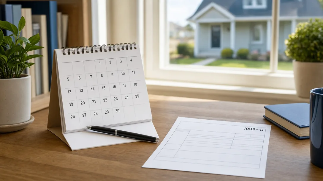 A calm 2026 tax-season desk with an open April calendar, a generic 1099-C form, and a home visible through the window