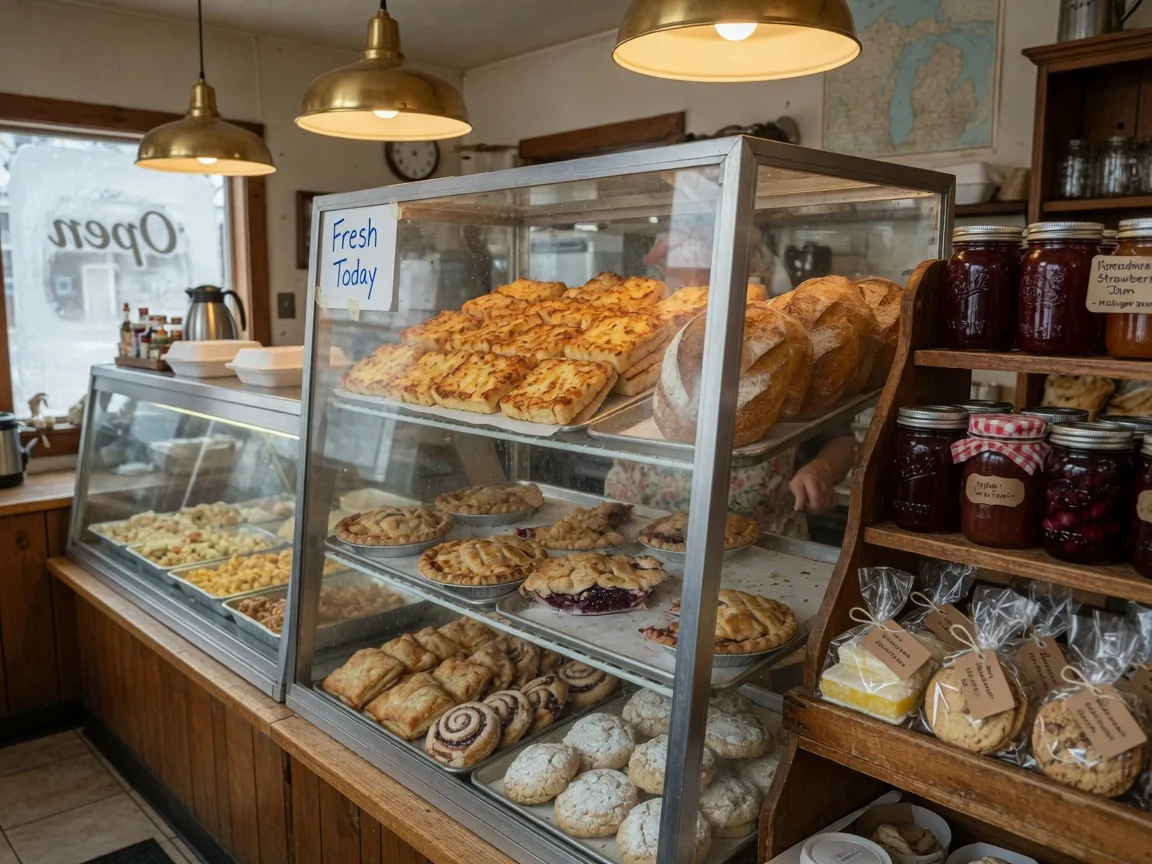 A bakery and prepared-food case at Jonna's Market in Howell, Michigan, stacked with fresh-baked cheese bread, loaves, pies, and pastries