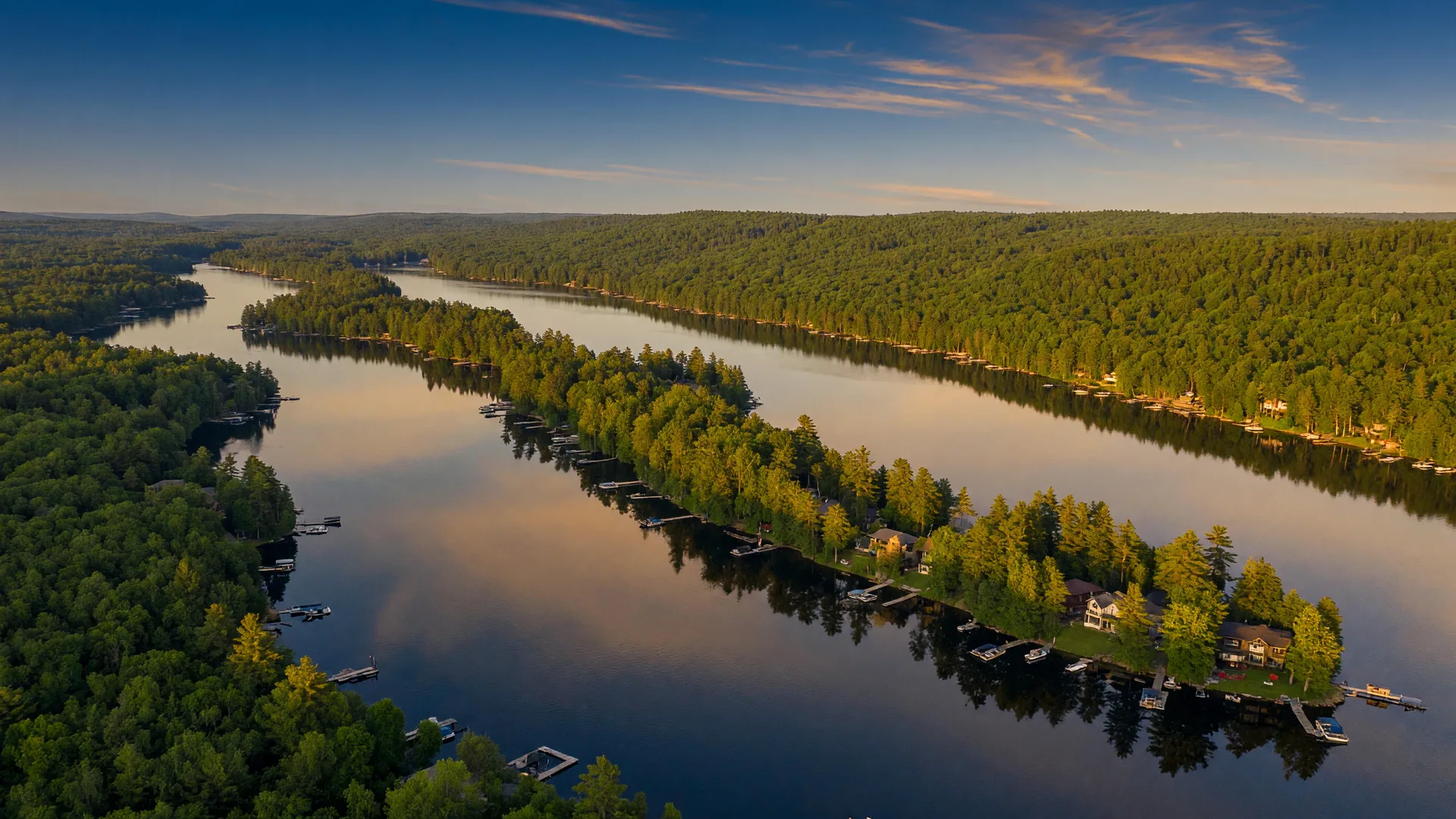 Aerial view of the Brainerd Lakes Area lake chain at golden hour