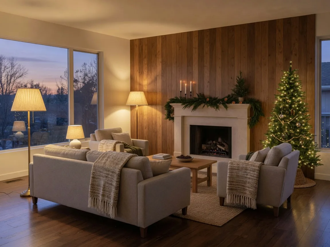 A professionally staged Merced County living room at dusk with a neutral sofa, a fireplace mantle dressed with simple evergreen garland and unlit taper candles, a modest Christmas tree glowing with warm-white lights in the corner, and warm floor lamps