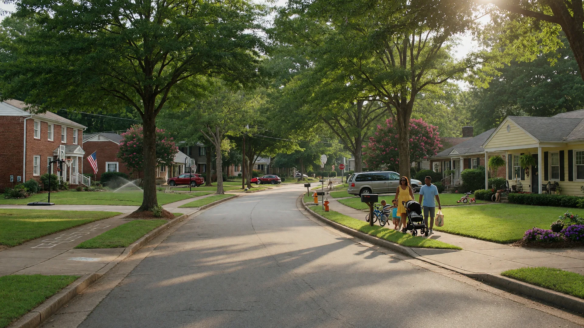 Tree-lined suburban street in a metro Atlanta neighborhood on a bright summer morning with warm sunlight filtering through the canopy