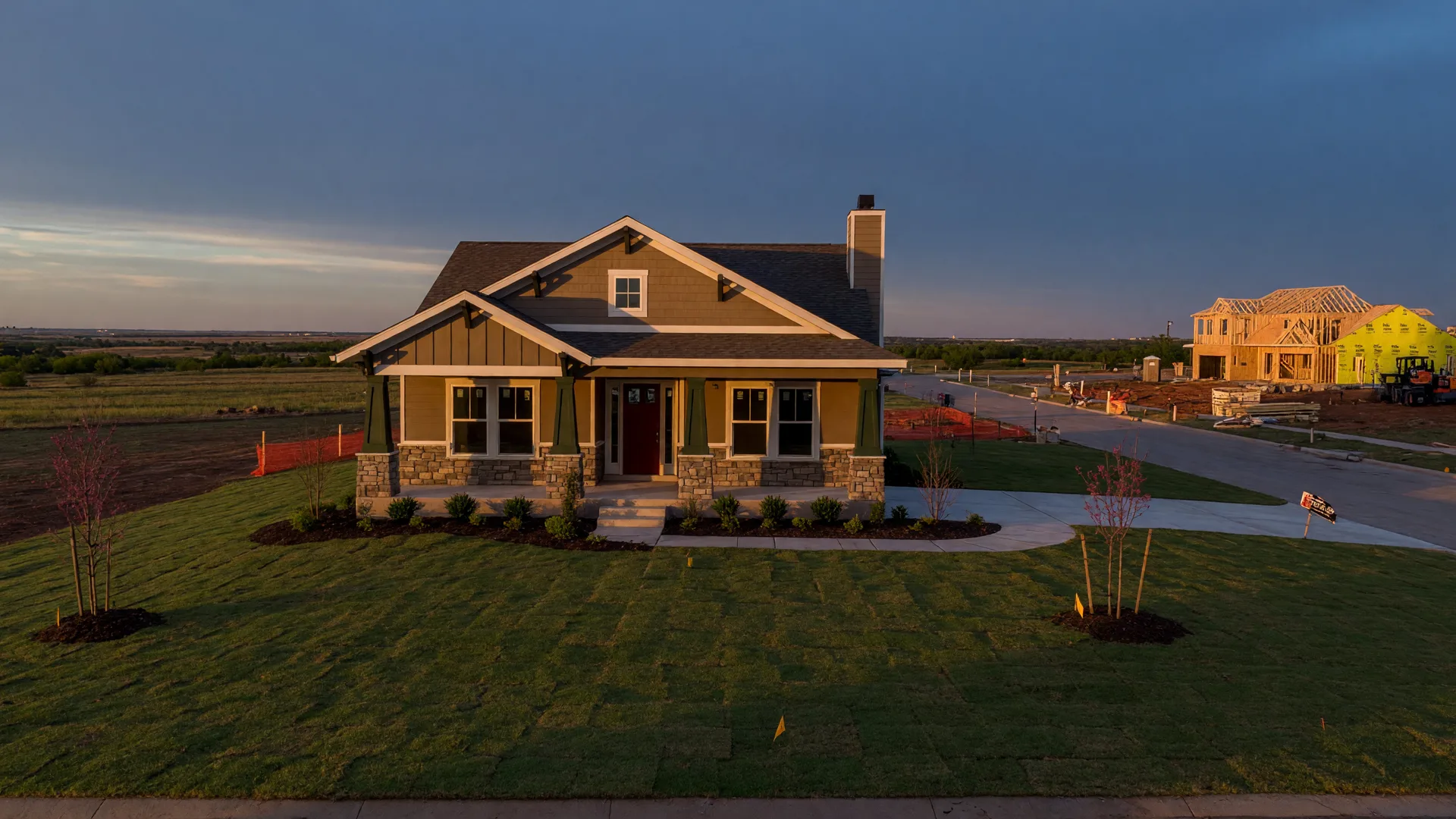 New model home on a large homesite in Elgin, Oklahoma at golden hour, with a home under framing construction visible down the street