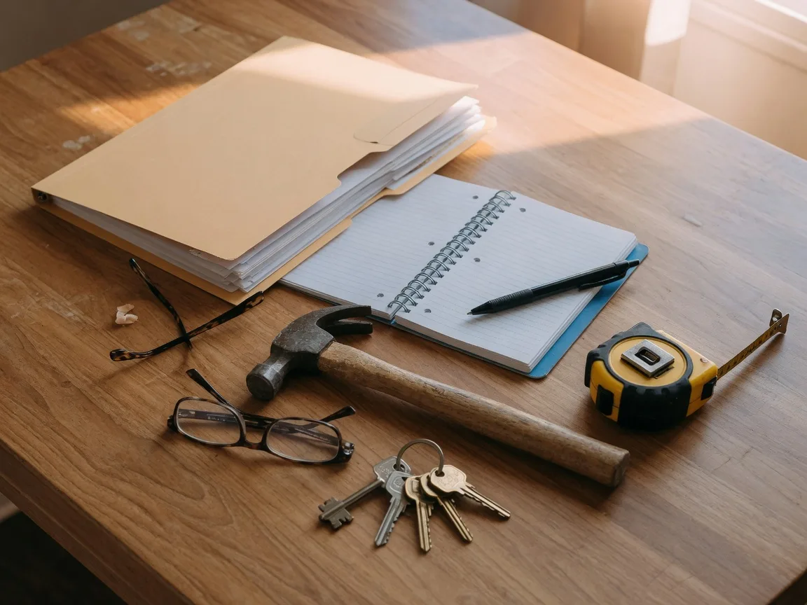 Home improvement records, a tape measure, and house keys on a wooden kitchen table