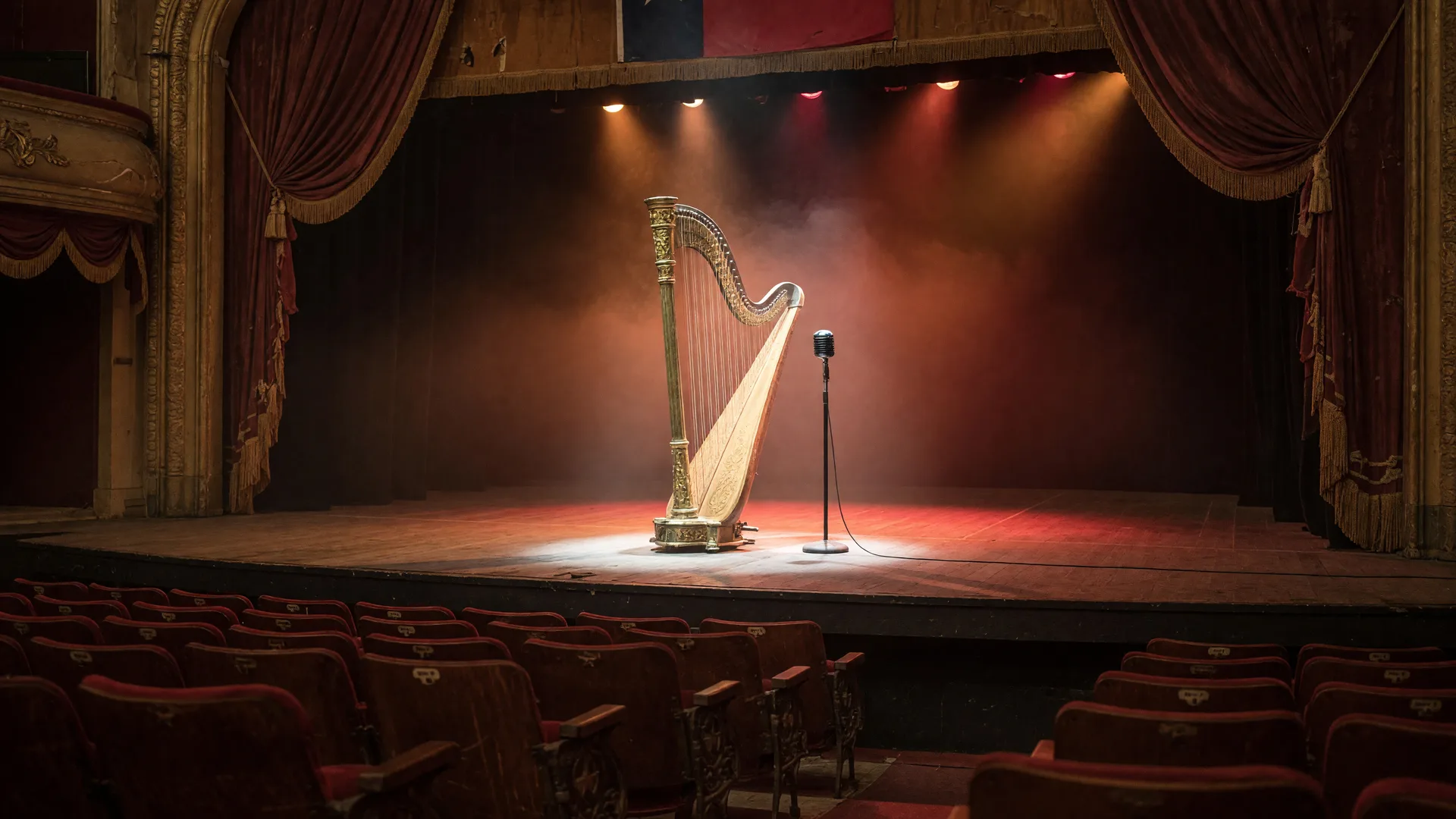 An intimate historic theater stage lit in warm amber with a concert harp in soft spotlight beside a microphone stand and velvet curtains