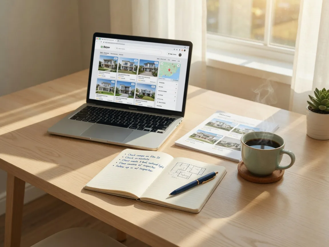 Person researching real estate agents on a laptop with notes and coffee representing the agent search process