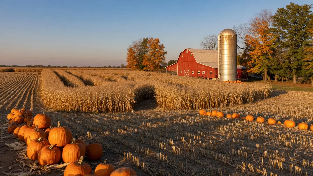 An Ohio farm in early fall with golden corn, pumpkins in the foreground, and a red barn with a silo under warm afternoon light