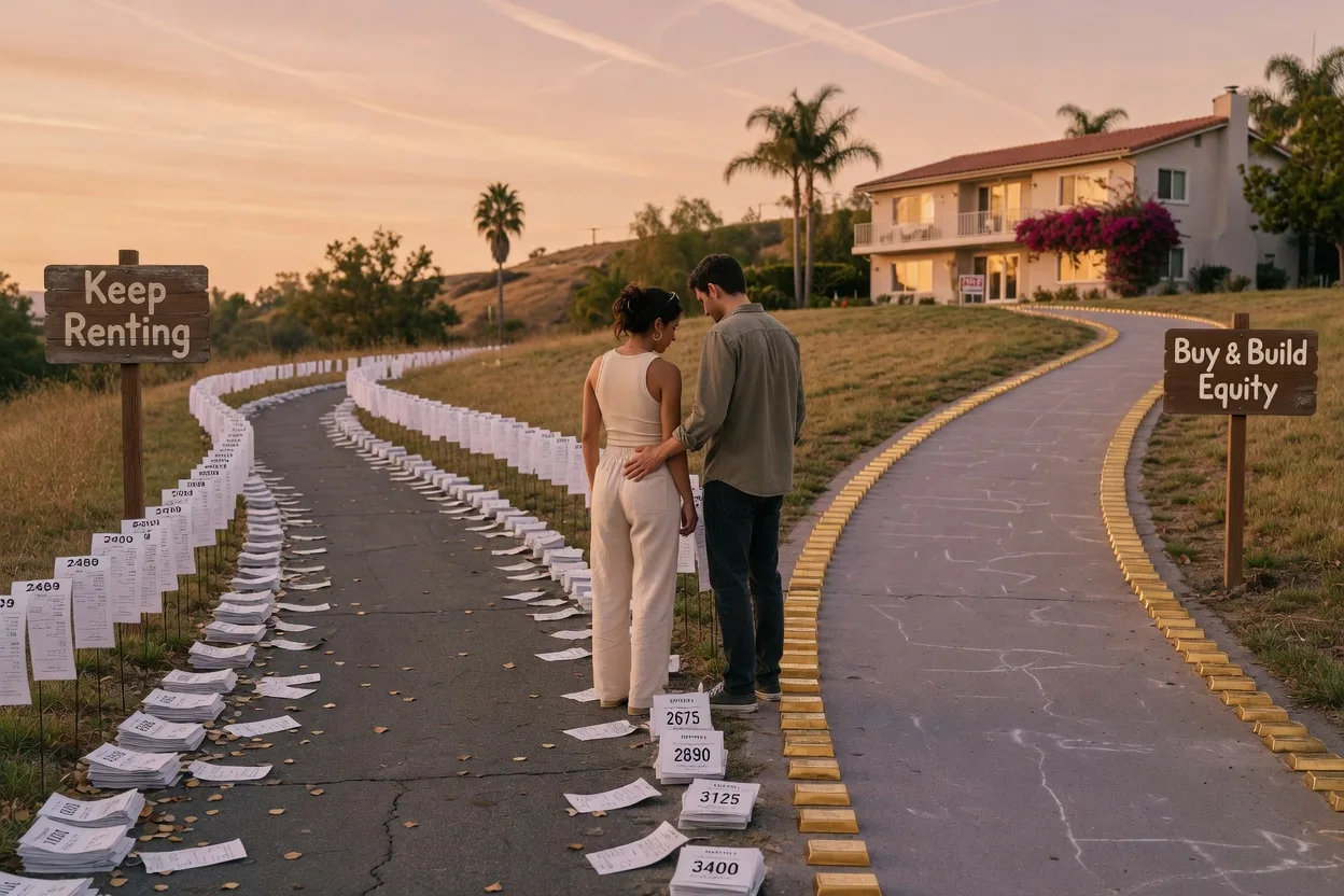 A person at a crossroads with two paths representing the choice between renting and buying a home