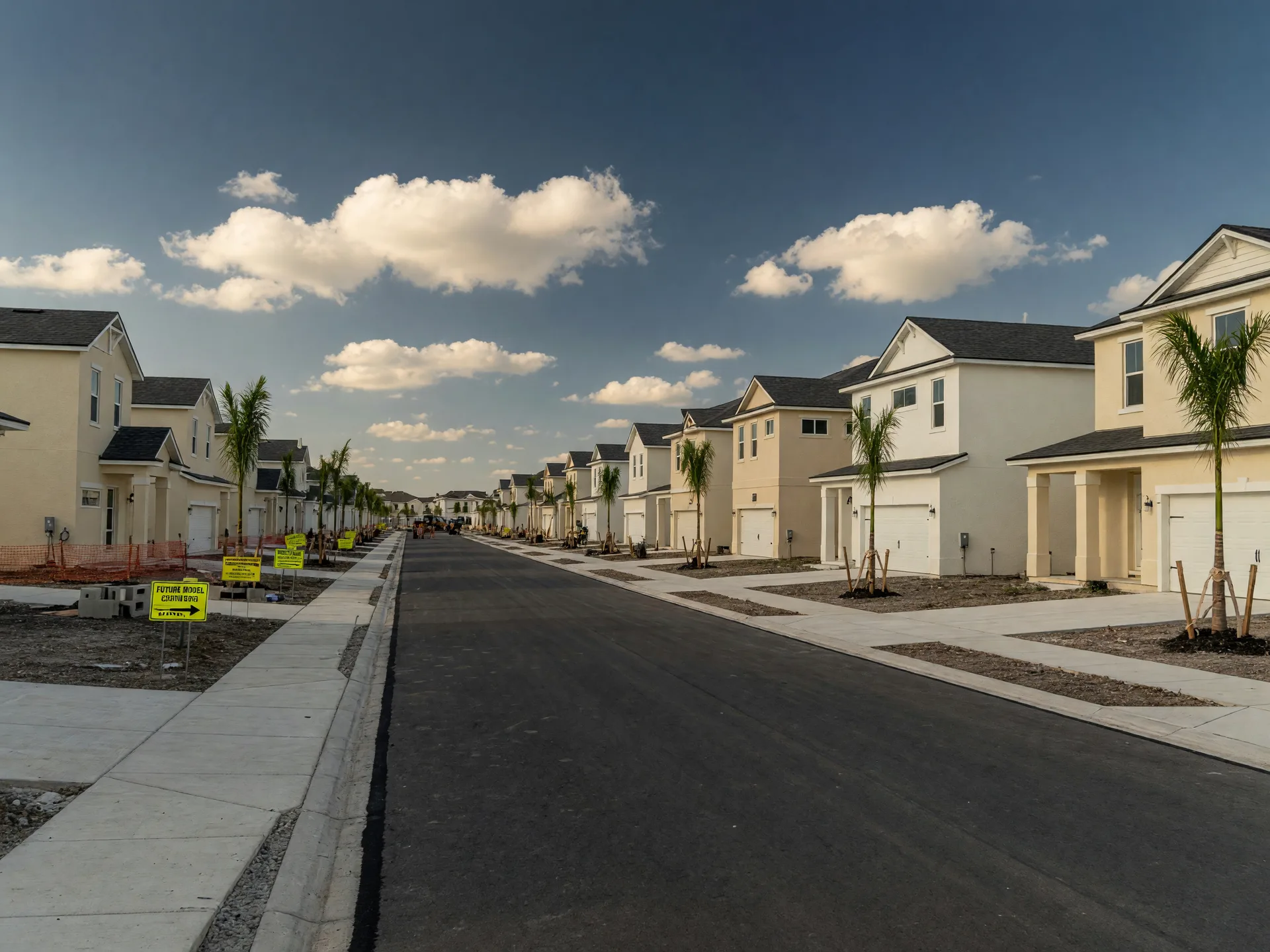 New master-planned community in Southwest Florida with freshly built cream stucco model homes, young palm trees, and new curbs along a just-paved street under a bright blue sky
