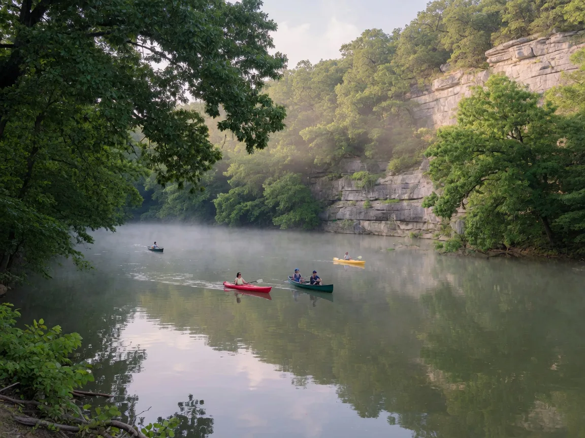 Kayaks and canoes drifting on the calm green Finley River near Ozark on a summer morning