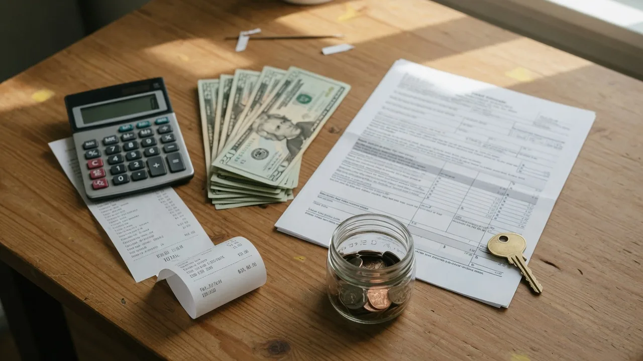 Calculator, stacks of bills, coins, and a brass house key on a budgeting desk